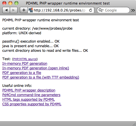 PD4ML PHP environment probe script output